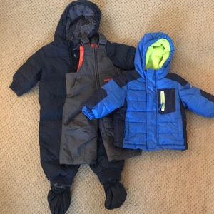 Lot of toddler boy snow onesie jacket bib